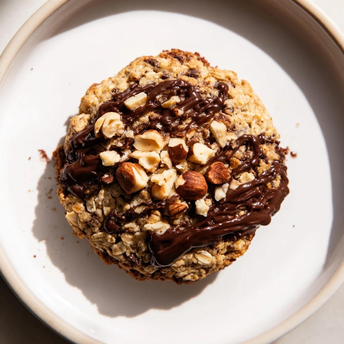 Golden brown Holiday Glow Hazelnut Drizzle Oatmeal Raisin cookies drizzled with creamy, rich hazelnut sauce.