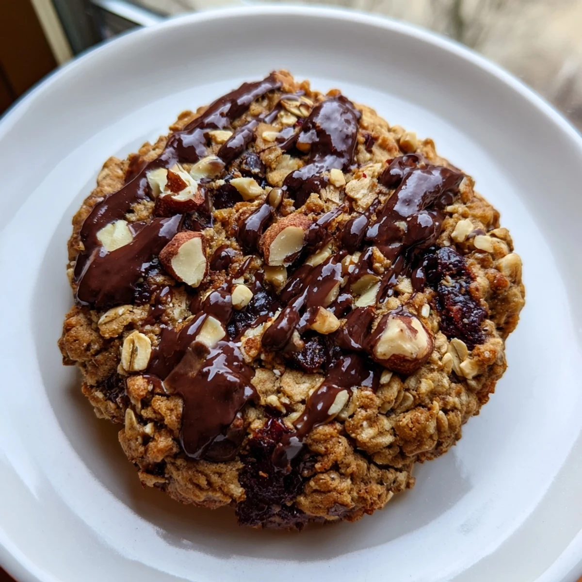 These homemade Holiday Glow Hazelnut Drizzle Oatmeal Raisin cookies show off raisins and a generous hazelnut drizzle.