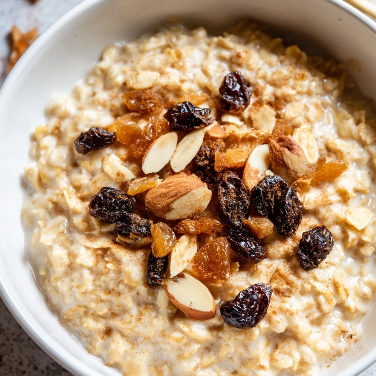 Warm, cinnamon-kissed Winter Spice Toasted Almond Oatmeal Raisin in a comforting breakfast bowl, ready to enjoy.