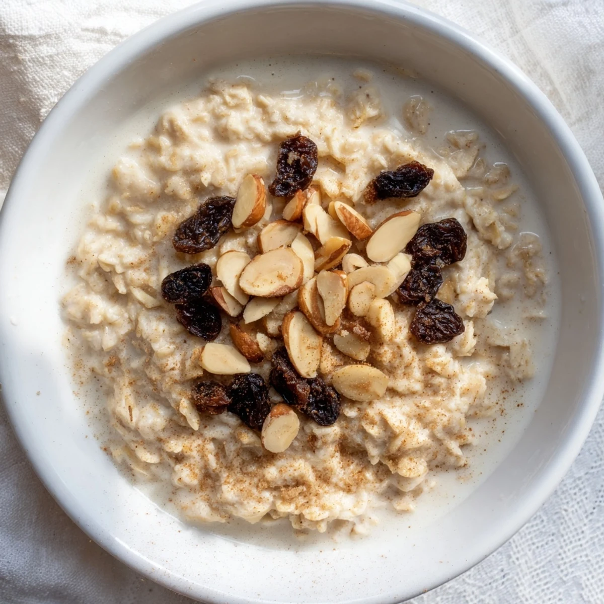 Creamy Winter Spice Toasted Almond Oatmeal Raisin, studded with plump raisins and golden almonds, a cozy morning meal.