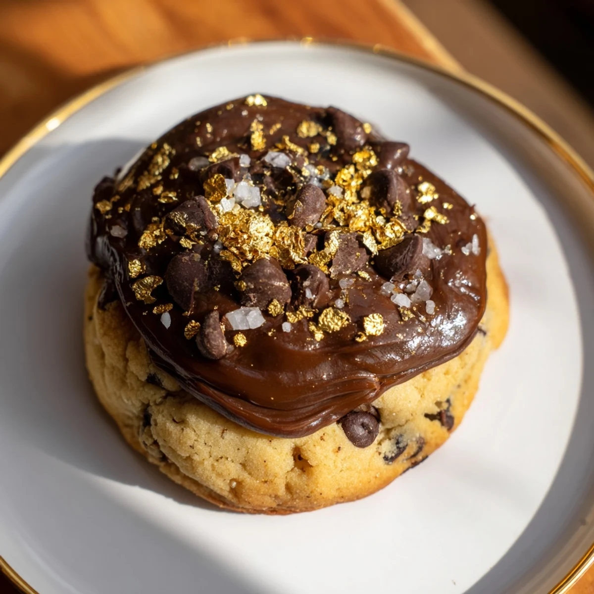 A stack of New Year Celebration Caramel Frost Chocolate Chip cookies with glistening caramel frosting.