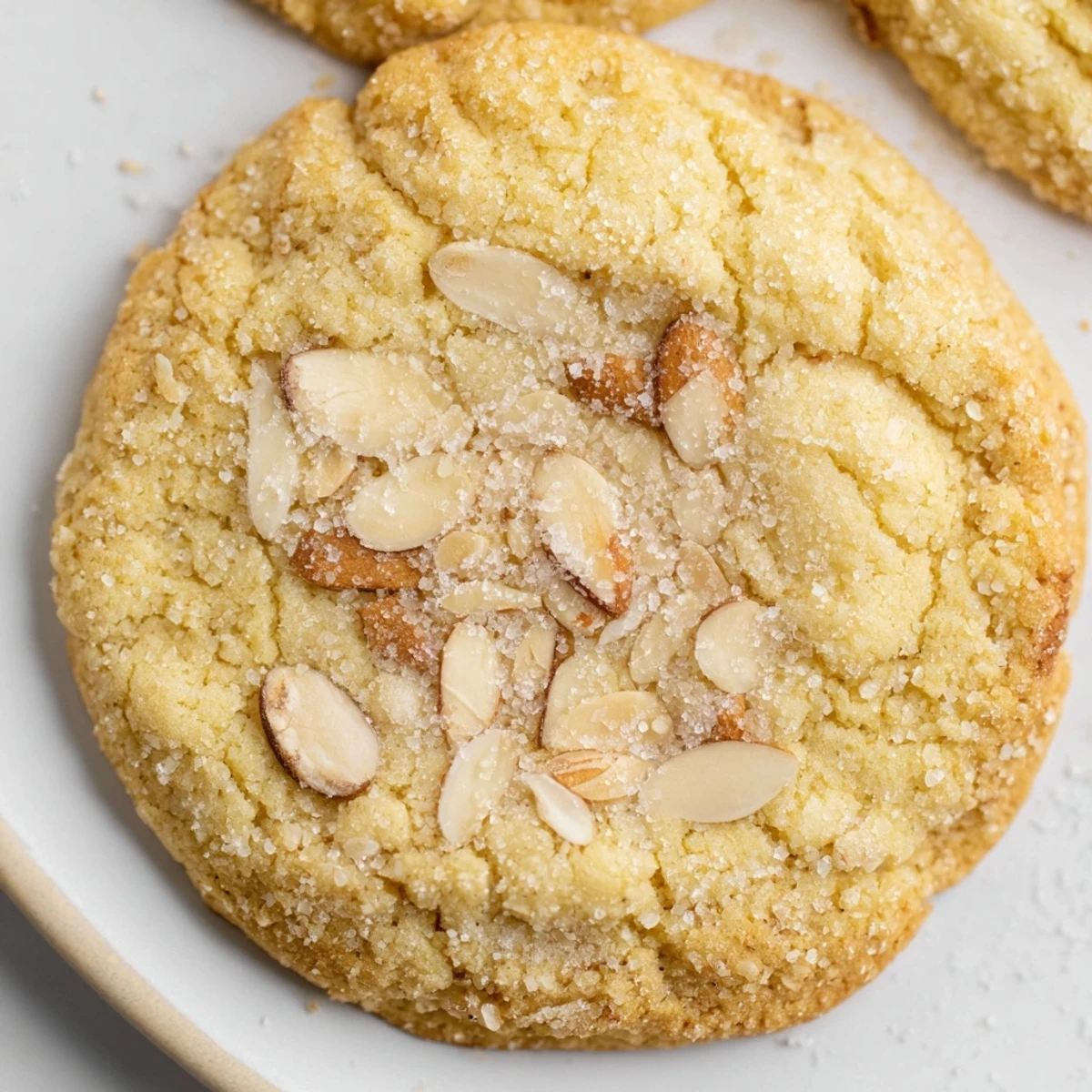 Perfectly round and textured Winter Warmth Toasted Almond Sugar Cookies, sugared, fresh from the oven.