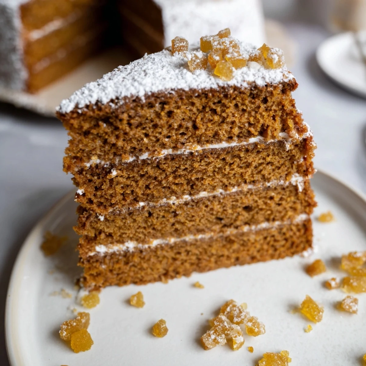 Moist slices of New Year Celebration Ginger Spice Cake with candied ginger topping, ready to enjoy.
