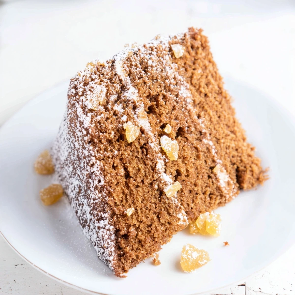 A close-up of a warmly spiced New Year Celebration Ginger Spice Cake, lightly dusted with powdered sugar.