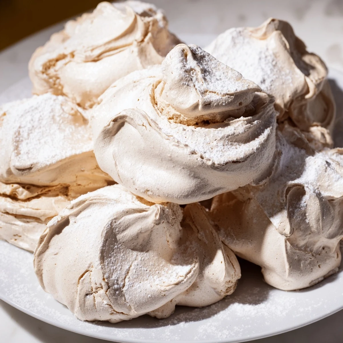 Fluffy brown sugar meringues, dusted with powdered sugar create an enchanting Snowy Day Brown Sugar Snow dessert.