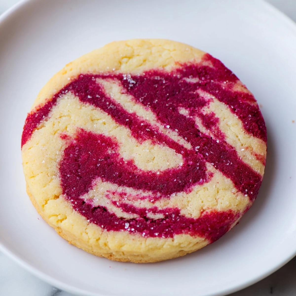 Close-up of freshly baked Winter Market Cranberry Swirl Sugar Cookies with a vibrant cranberry swirl.