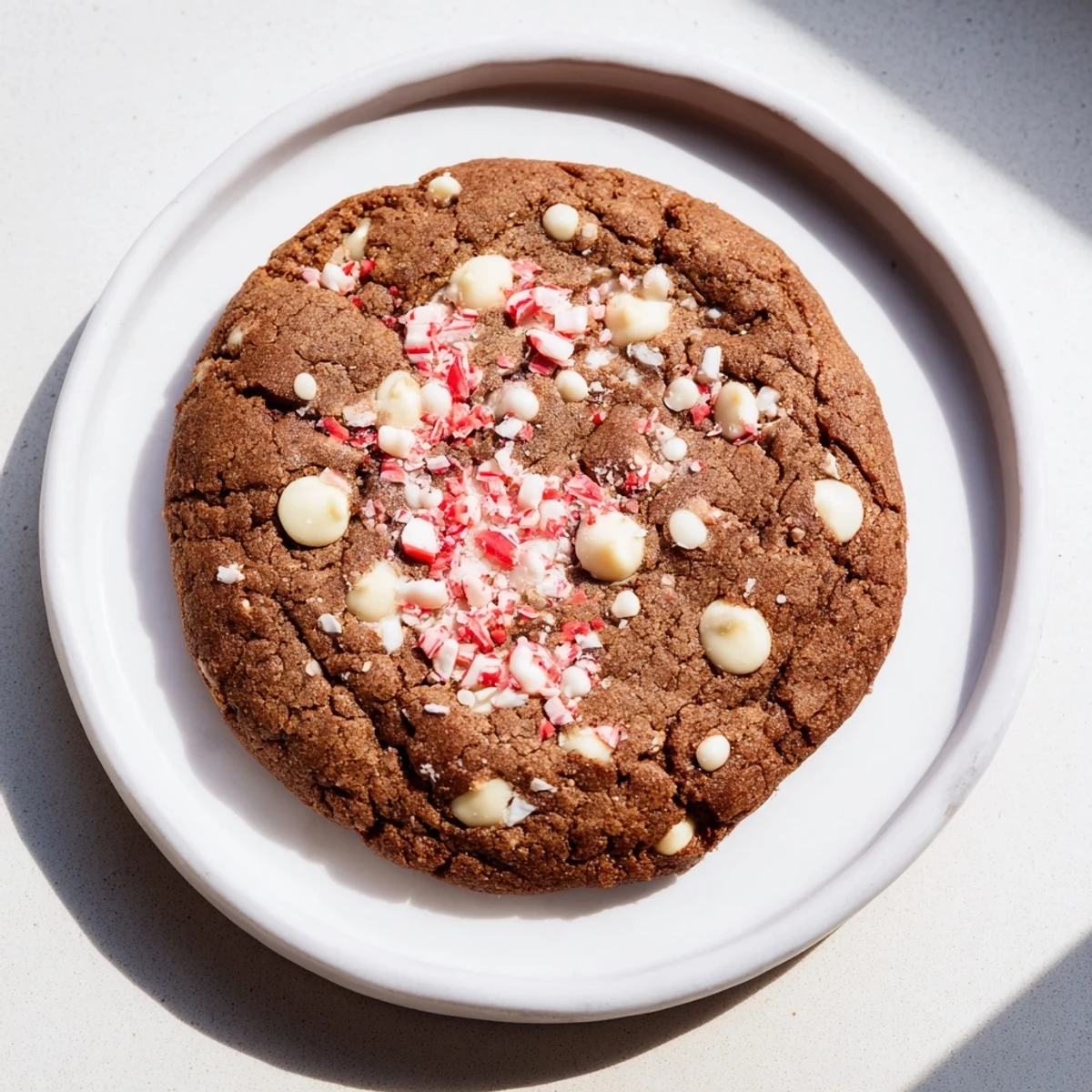 Soft, chewy Snowy Day Peppermint Twist Vegan Cookies with crushed peppermint sprinkled on top.