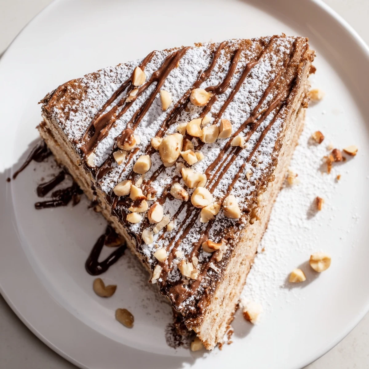 Warm, gluten-free Snowy Day Hazelnut Drizzle cake with chocolate sauce and a dusting of powdered sugar.