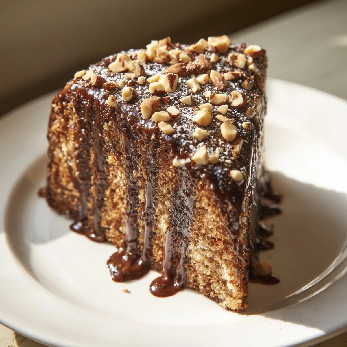 Cozy scene: Dark chocolate sauce over a moist Snowy Day Hazelnut Drizzle cake, perfect for a cold day.