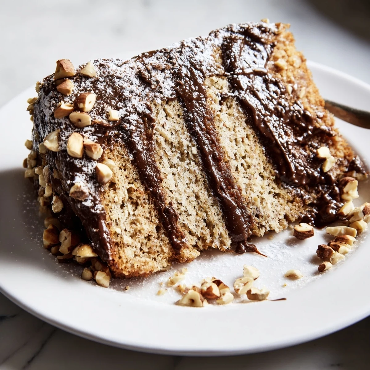 A slice of Snowy Day Hazelnut Drizzle cake, drizzled decadently, ready to eat with a creamy texture.