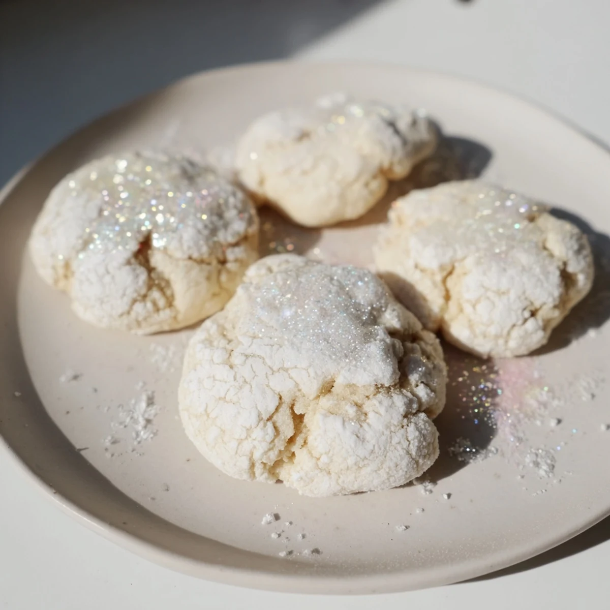 Close-up of golden Holiday Glow Vanilla Cloud Vegan Cookies, offering a sweet, vanilla aroma.