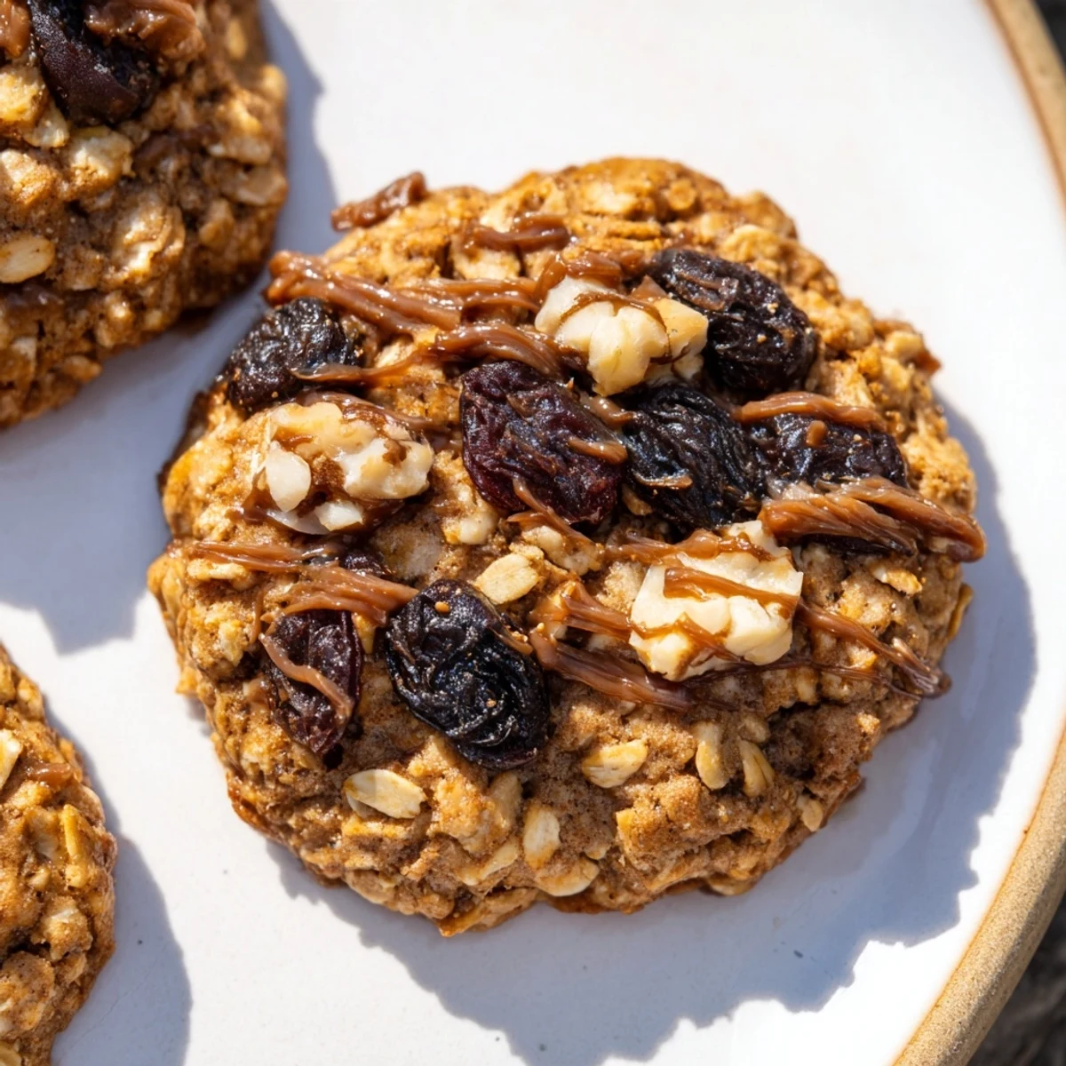 Warm, freshly baked January Bliss Hazelnut Drizzle Oatmeal Raisin cookies, ready for a comforting bite.