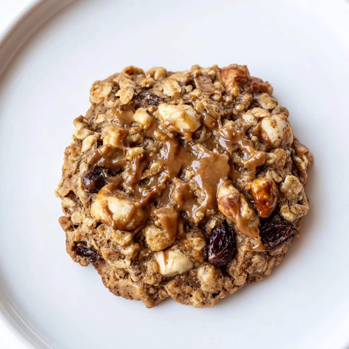 Golden-brown January Bliss Hazelnut Drizzle Oatmeal Raisin cookies drizzled with creamy hazelnut goodness.