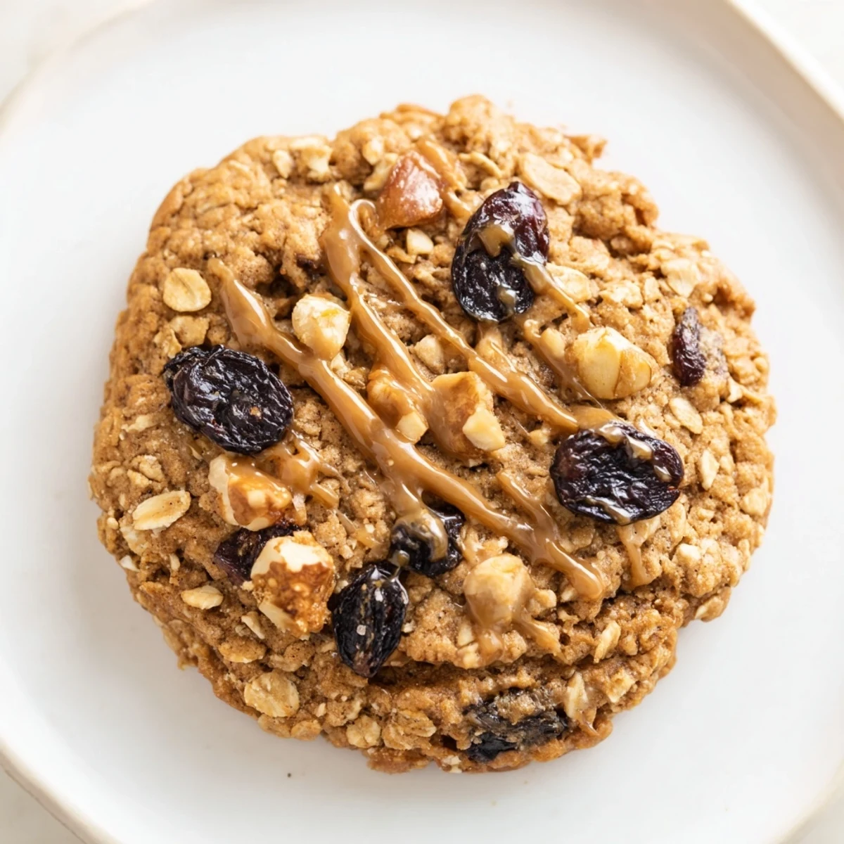 Close-up of a stack of January Bliss Hazelnut Drizzle Oatmeal Raisin cookies, invitingly coated with drizzle.