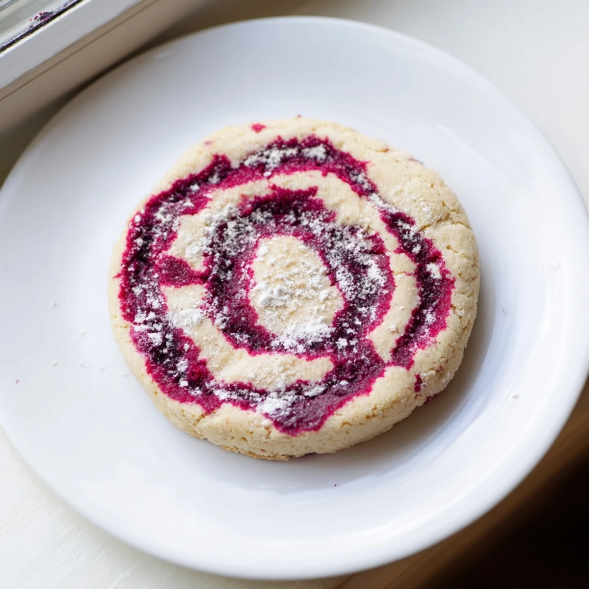 Freshly baked Holiday Glow Cranberry Swirl Keto Cookies showing beautiful cranberry swirl and golden edges.