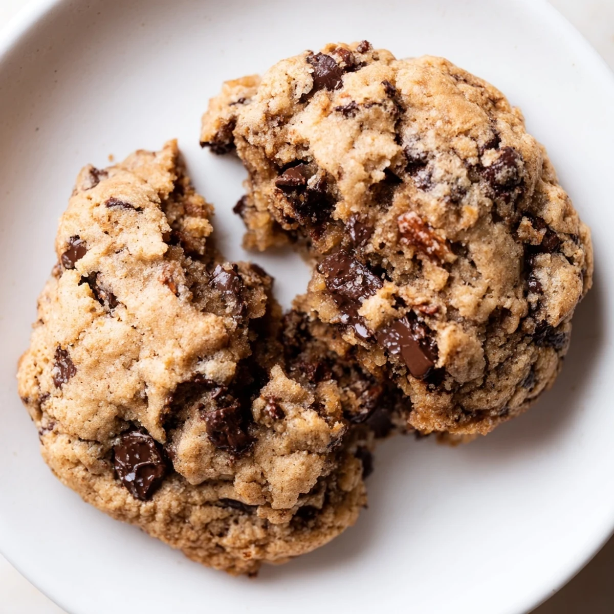 Close-up of freshly baked Winter Market Maple Dream Chocolate Chip cookies, studded with melty chocolate chips.