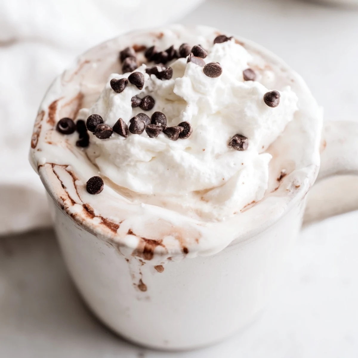 Steaming Winter Warmth Vanilla Cloud Chocolate Chip hot chocolate with melting chocolate chips, creamy whipped topping.