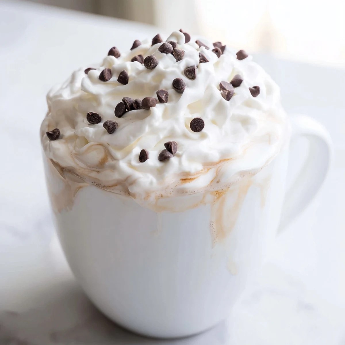 Cozy mug of Winter Warmth Vanilla Cloud Chocolate Chip, topped with fluffy whipped cream and chocolatey sprinkles.