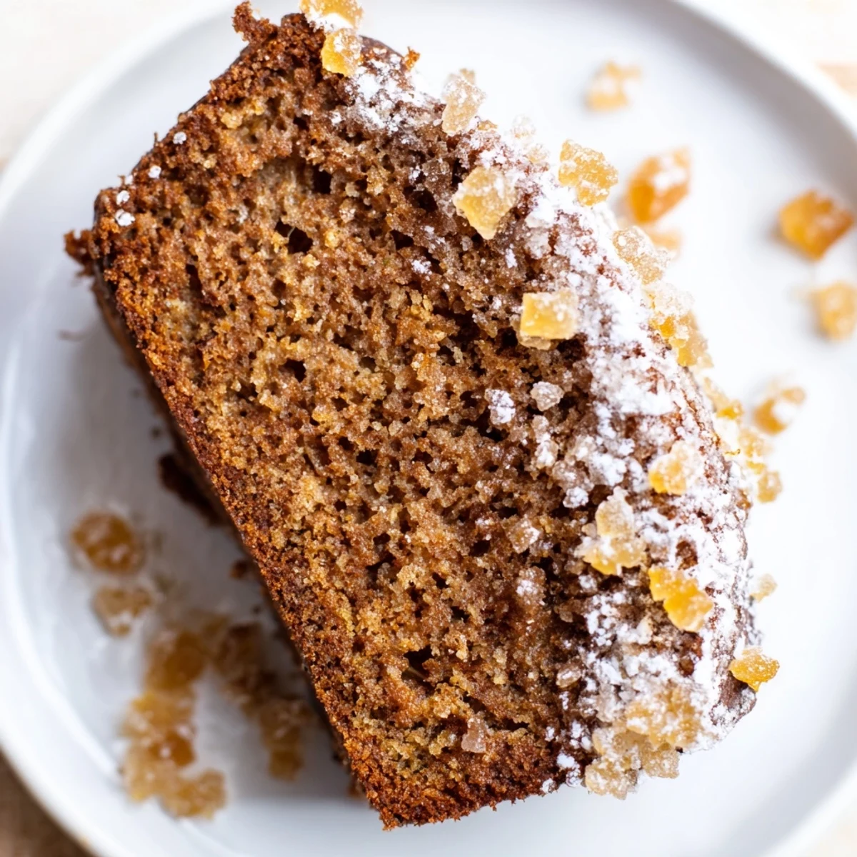 Winter Warmth Ginger Spice Cake with a dusting of powdered sugar, warm and inviting.