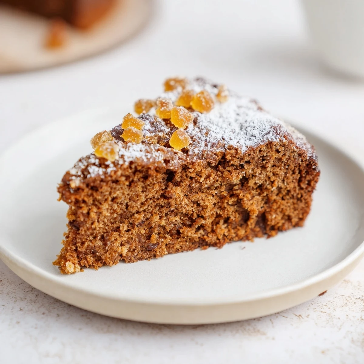 Moist slice of the delicious Winter Warmth Ginger Spice Cake, spiced and ready to enjoy.