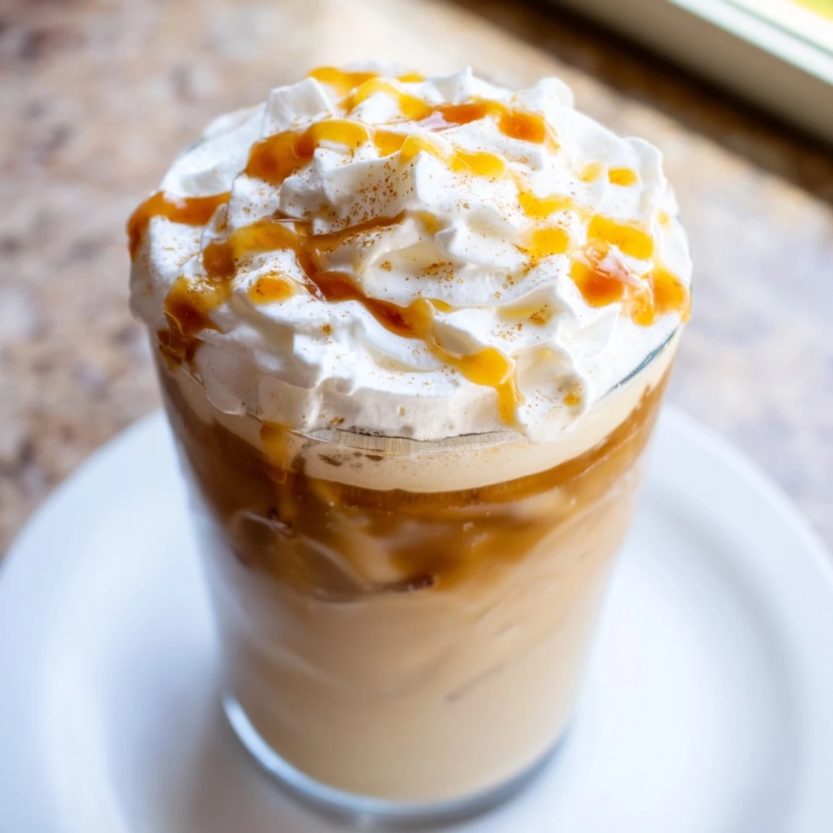 Enjoy the rich, amber color of this frothy Cozy Evening Caramel Frost, topped with caramel drizzle.