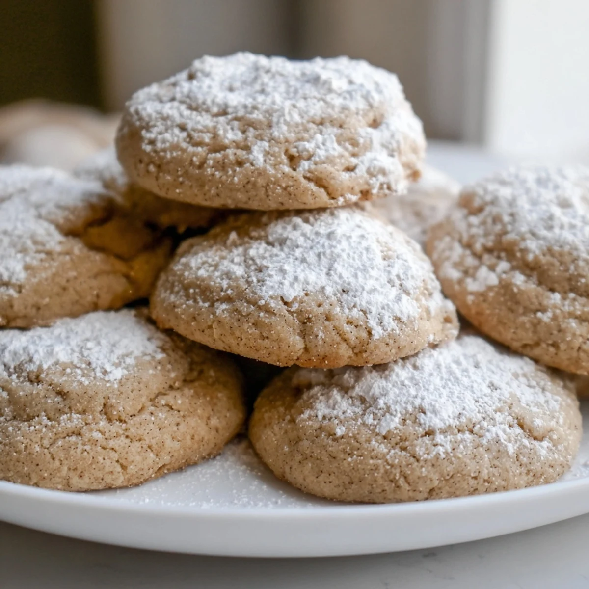 Warm, brown sugar snow sugar cookies dusted with a generous blanket of sweet, snowy powdered sugar.