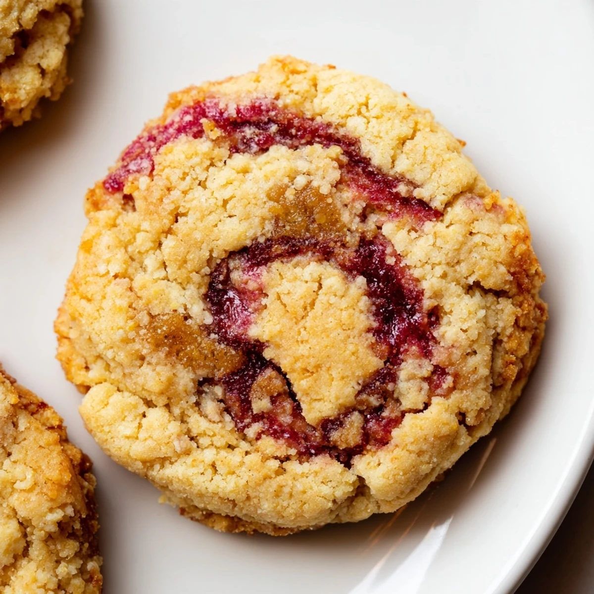 Freshly baked January Bliss Cranberry Swirl Keto Cookies: A close-up view of the beautiful swirls and texture.