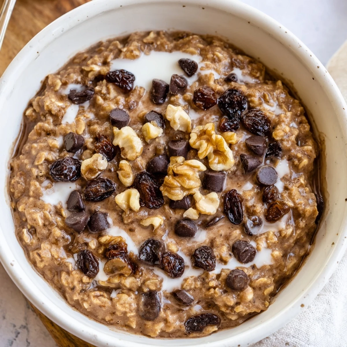 Steaming bowl of Cozy Evening Mocha Whisper Oatmeal Raisin with chocolate chips and walnuts, smelling of coffee.