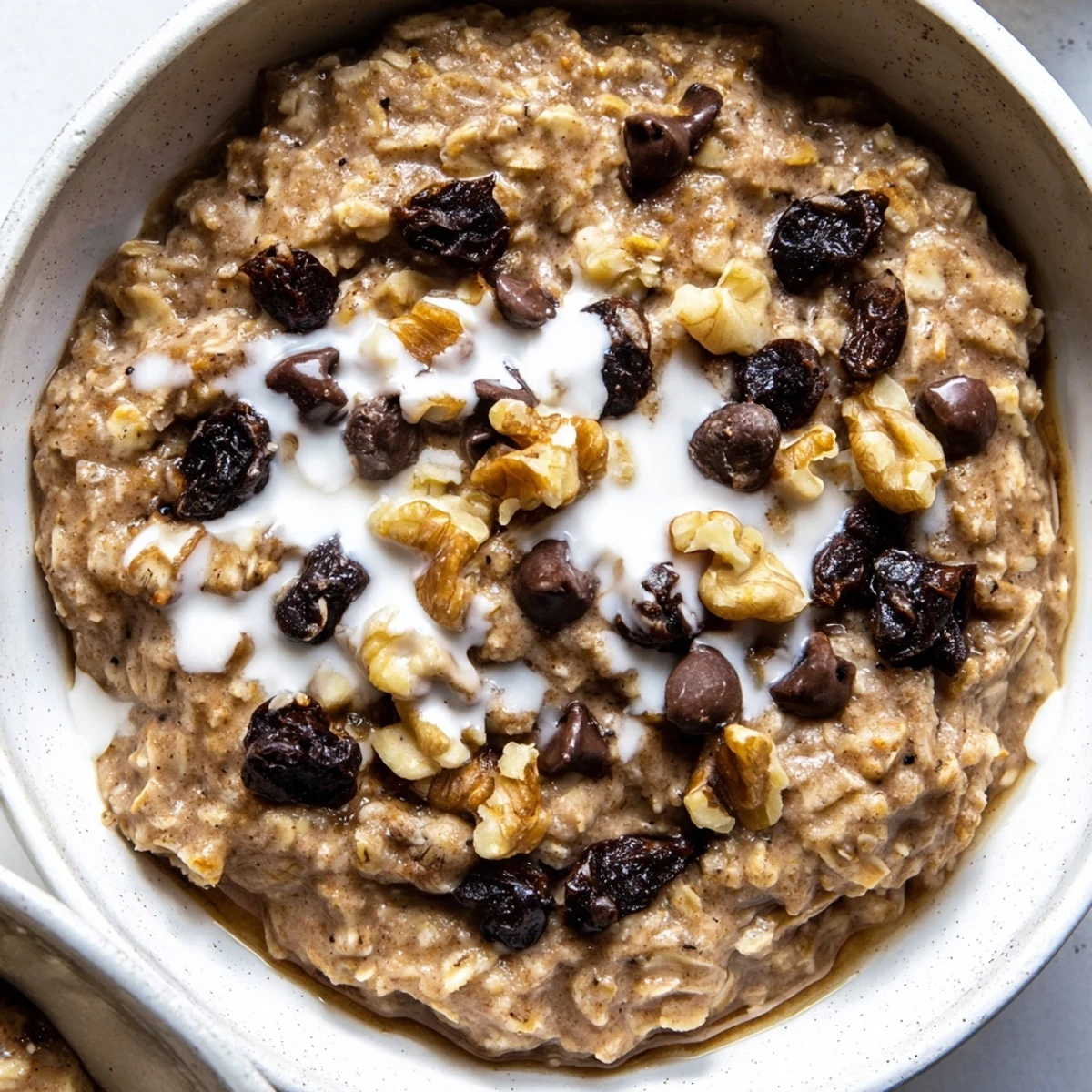 A close up of creamy Cozy Evening Mocha Whisper Oatmeal Raisin with juicy plump raisins, ready to eat.