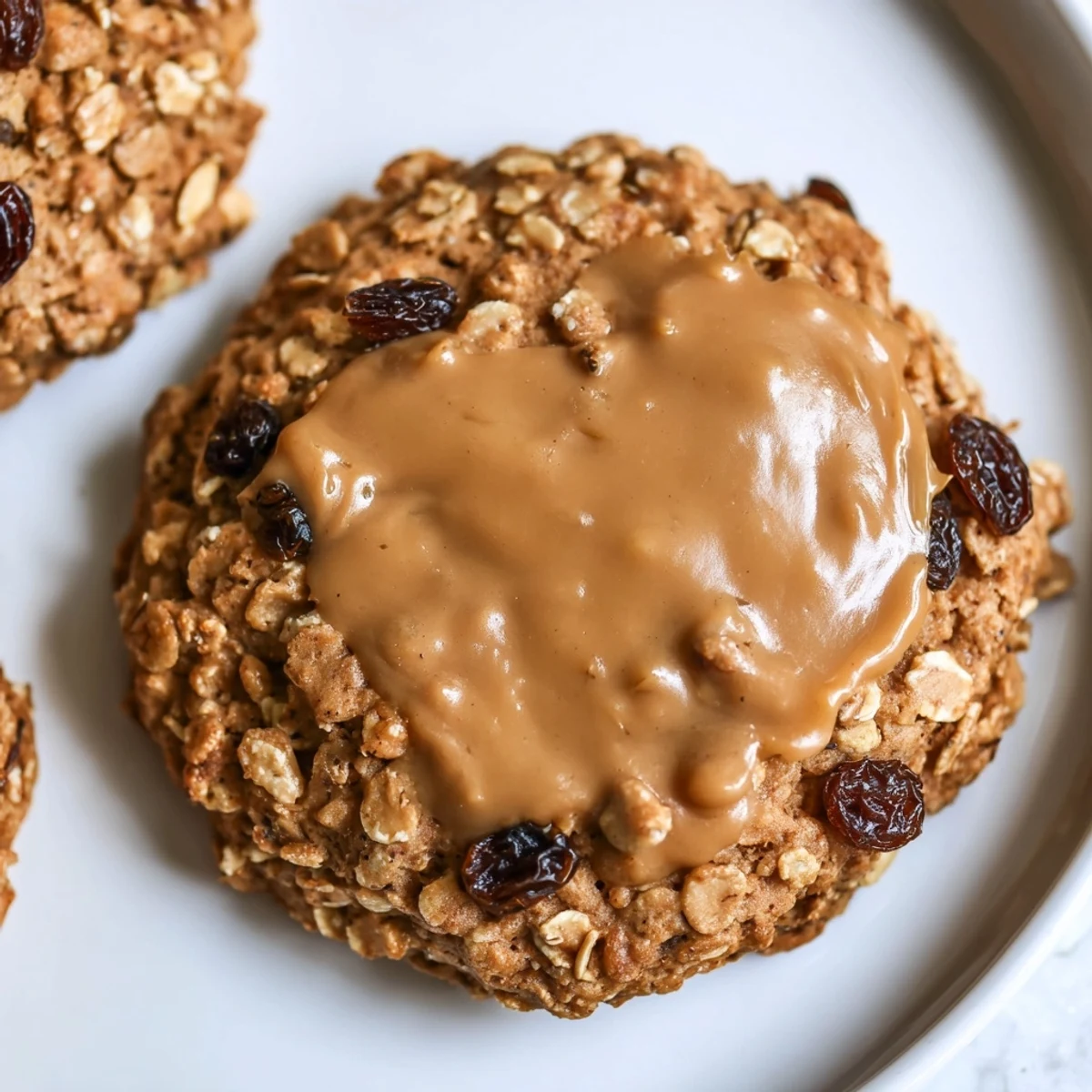 Warm Winter Market Caramel Frost Oatmeal Raisin cookie, drizzled with sweet, glossy caramel frosting for a treat.