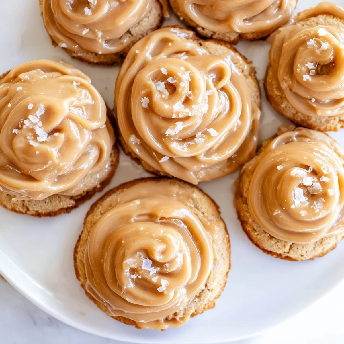 Close-up of golden-baked Frosted Delight Caramel Frost Keto Cookies, drizzled with sweet caramel frosting.