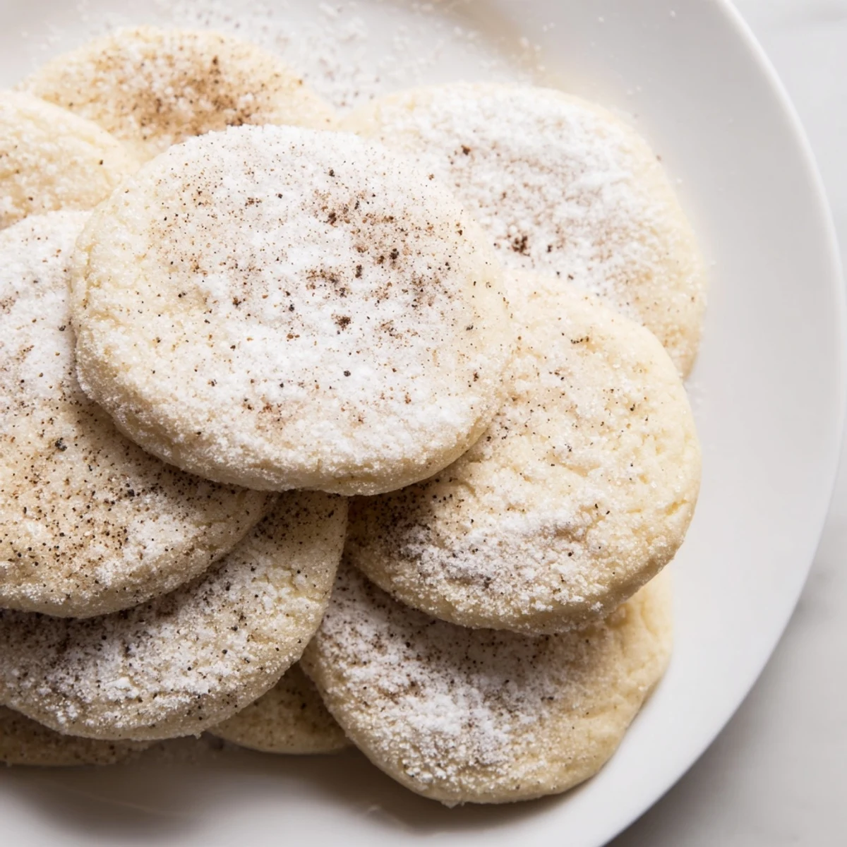 Warm, golden Snowy Day Cinnamon Drift Sugar Cookies dusted with sweet cinnamon powder, ready to eat.