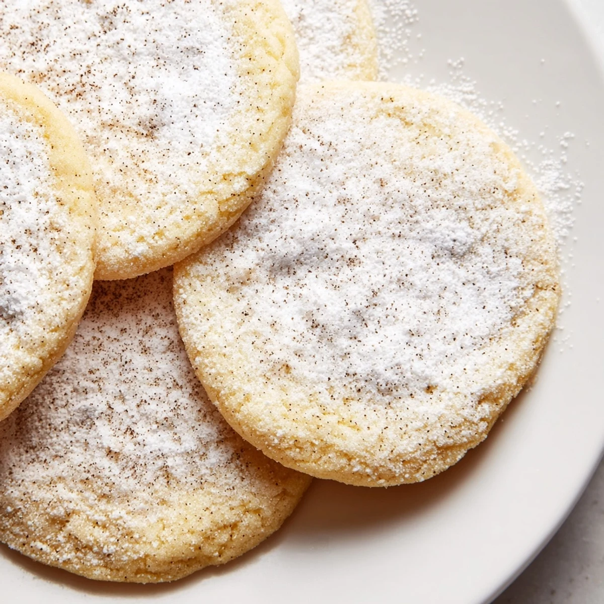 Close-up of freshly baked Snowy Day Cinnamon Drift Sugar Cookies; slightly crisp edges, and gently domed.