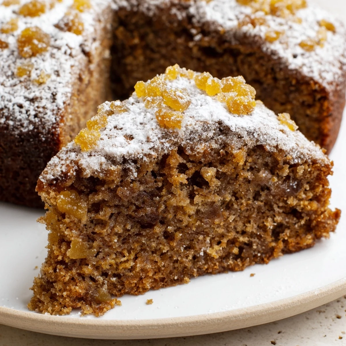 A slice of Holiday Glow Ginger Spice Cake, moist and warmly spiced, ready for serving.