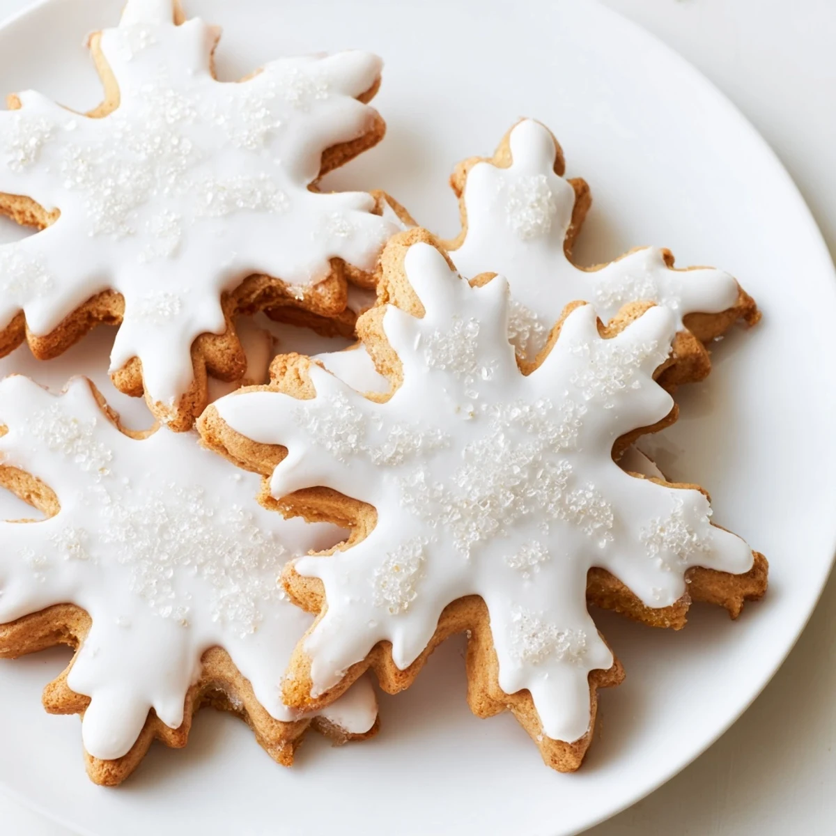Freshly baked Winter Market Brown Sugar Snow Sugar Cookies, decorated with delicate, snowy icing and sparkling sugar.