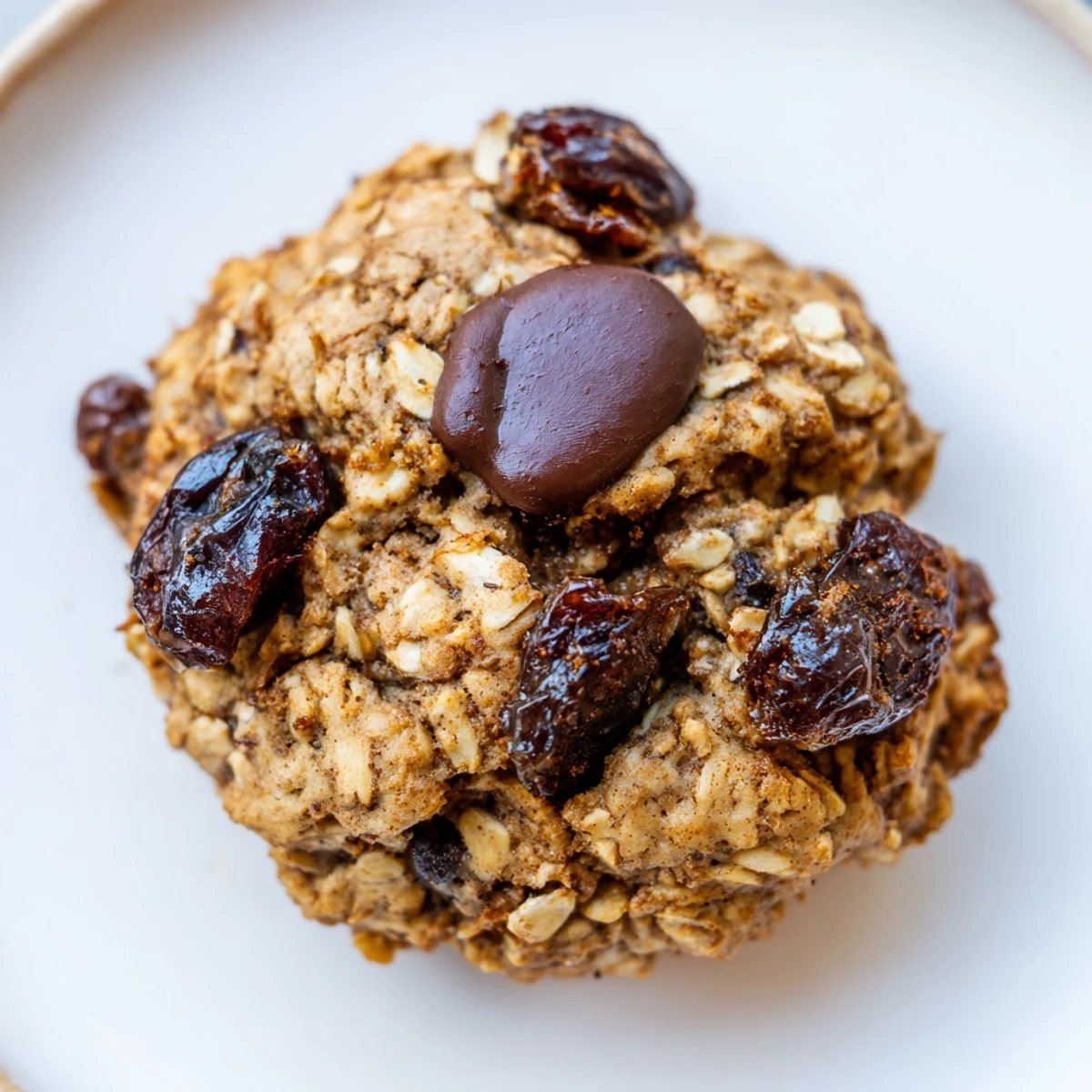 A close-up of freshly baked Winter Spice Cocoa Burst Oatmeal Raisin Cookies on a cooling rack, featuring plump raisins and visible spice specks.