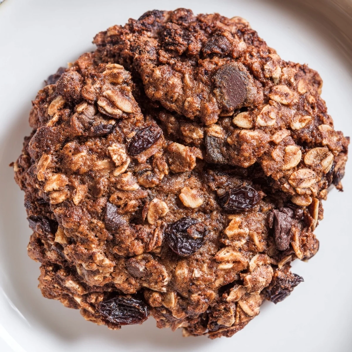 Freshly baked Winter Spice Cocoa Burst Oatmeal Raisin Cookies are arranged on a rustic wooden board next to a steaming mug of coffee.