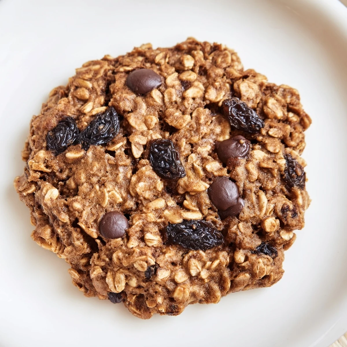 A platter of chewy Winter Spice Cocoa Burst Oatmeal Raisin Cookies with cracked tops, drizzled with melted dark chocolate and sprinkled with cinnamon.