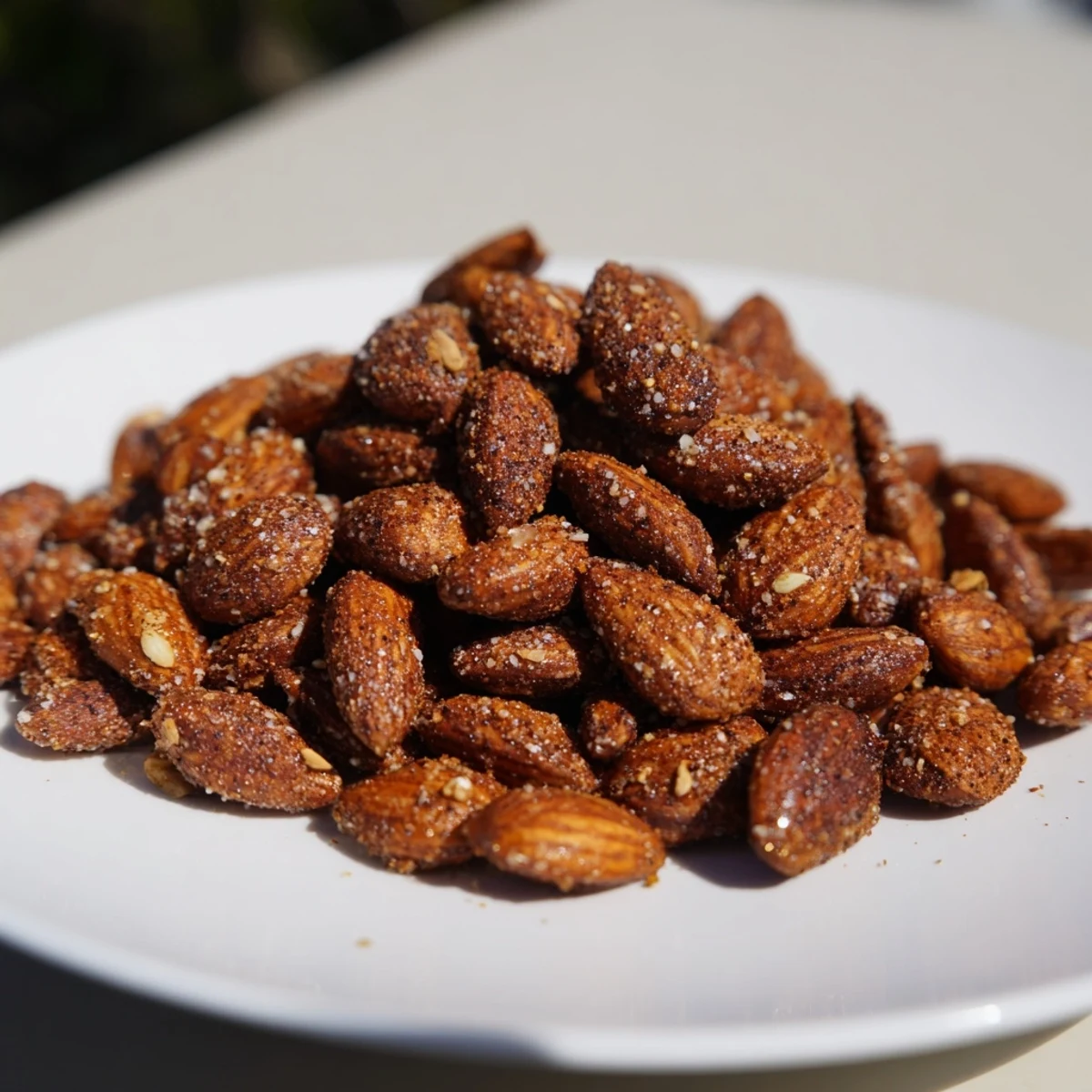 Winter Spice Toasted Almonds in a glass jar, paired with steaming cider for a cozy winter treat.