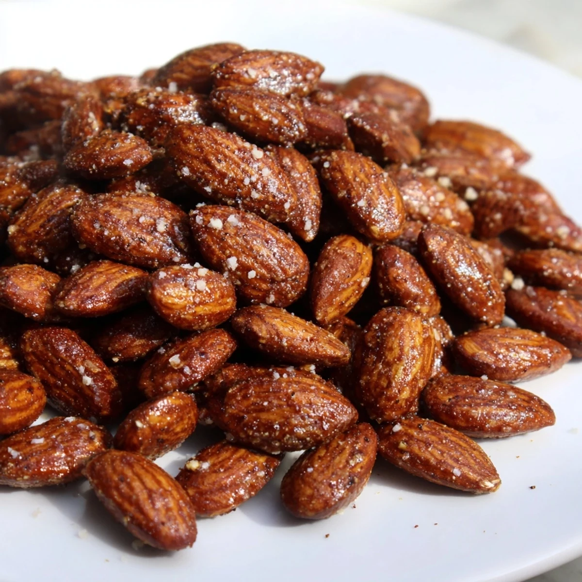 A close-up shows Winter Spice Toasted Almonds with a glossy, spiced coating and crunchy, golden-brown texture.