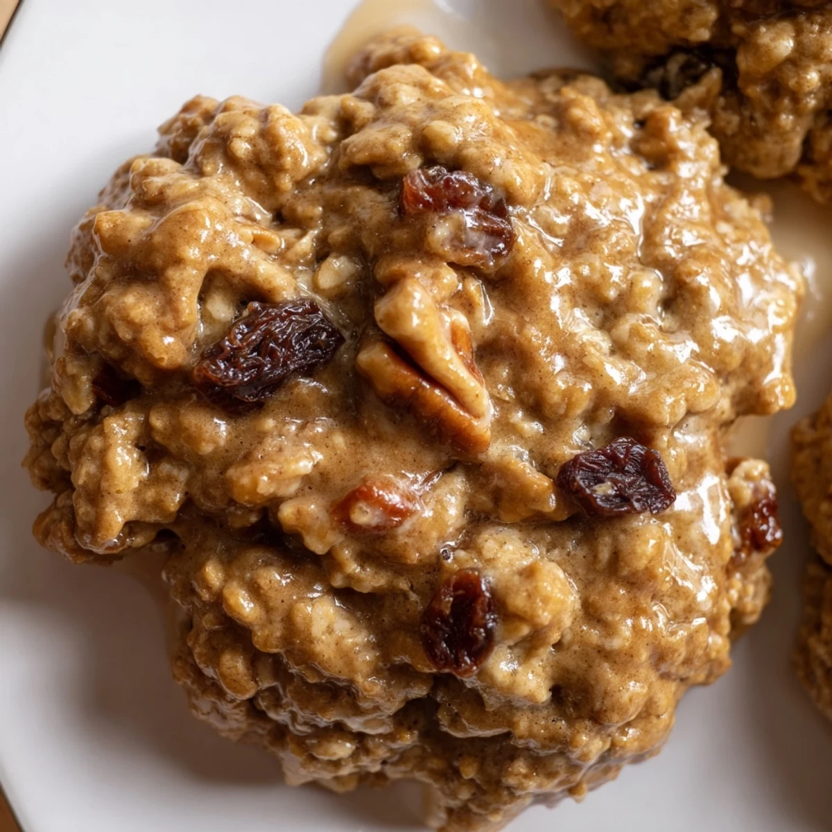 Freshly baked Fireplace Treat Maple Dream Oatmeal Raisin cookies cooling on a wire rack with golden edges.
