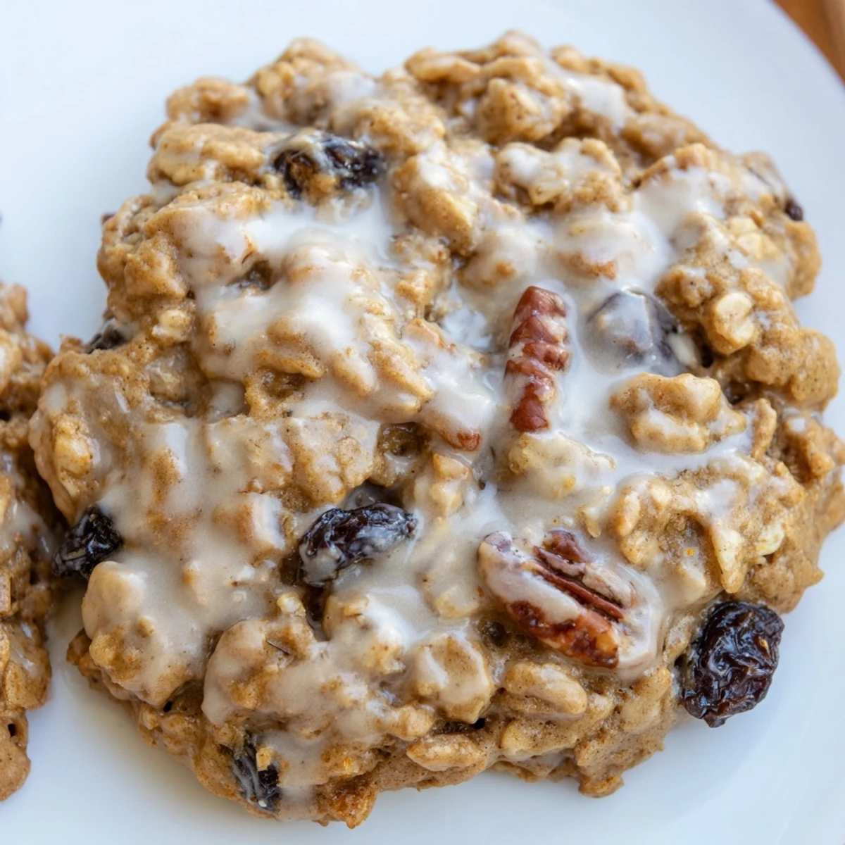 Pile of golden-brown Fireplace Treat Maple Dream Oatmeal Raisin cookies served with a steaming cup of coffee.