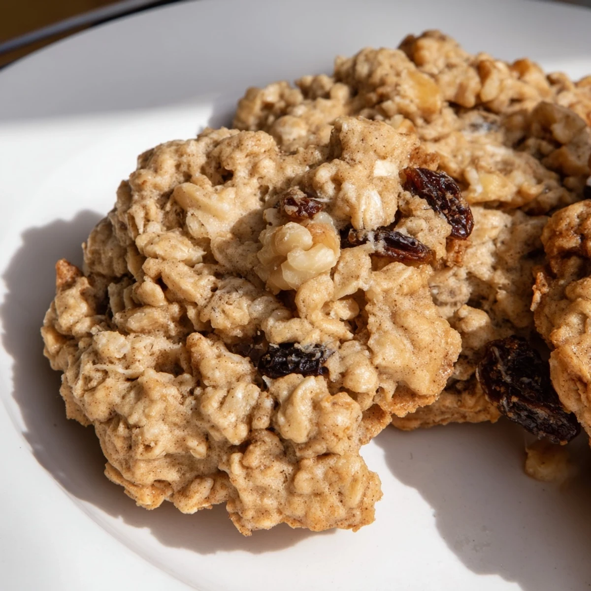 Freshly baked Fireplace Treat Cinnamon Drift Oatmeal Raisin cookies with golden edges and plump raisins on a rustic cooling rack.