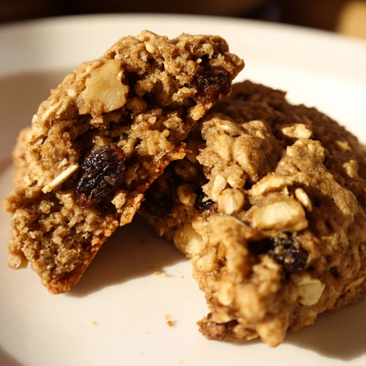Golden-brown Fireplace Treat Cinnamon Drift Oatmeal Raisin cookies featuring hearty oats and walnuts, ideal for a comforting fireside snack.