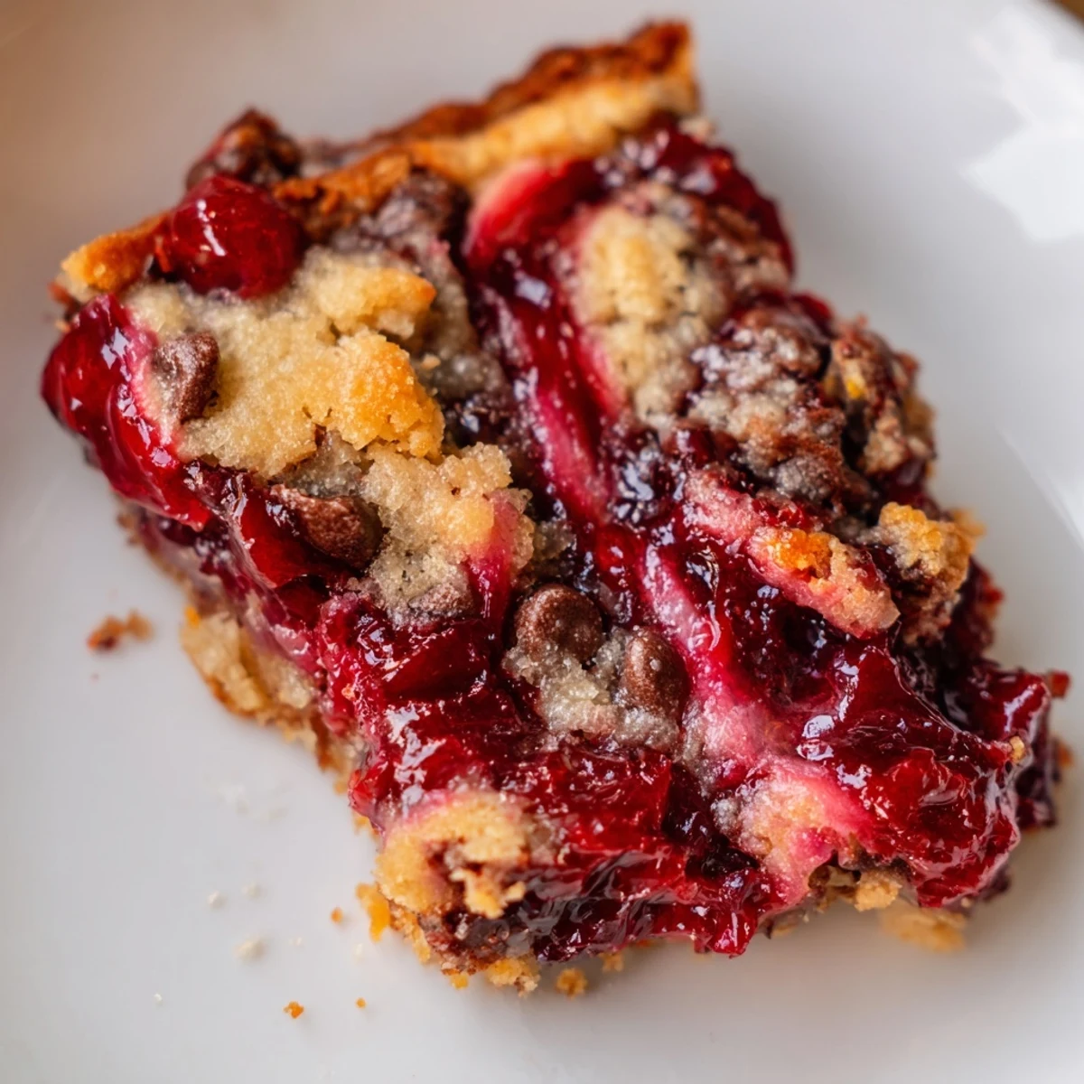 A gooey square of Winter Market Cranberry Swirl Chocolate Chip Bars rests on a white plate, ready for a holiday dessert plate.