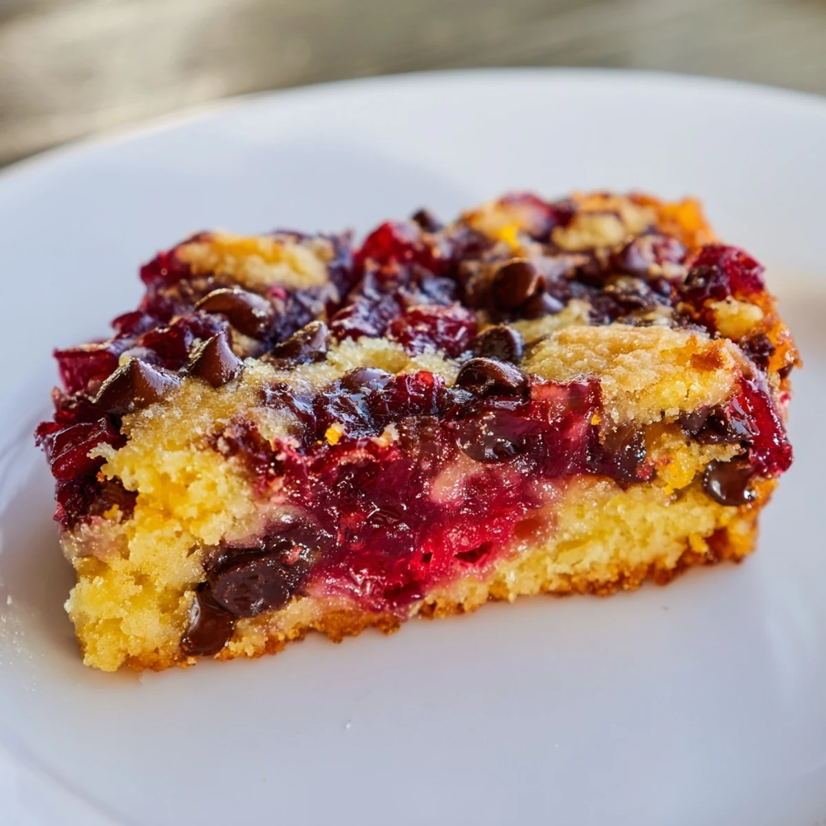 Freshly baked Winter Market Cranberry Swirl Chocolate Chip Bars are cut and stacked, showing gooey chocolate chips and a vibrant red swirl.