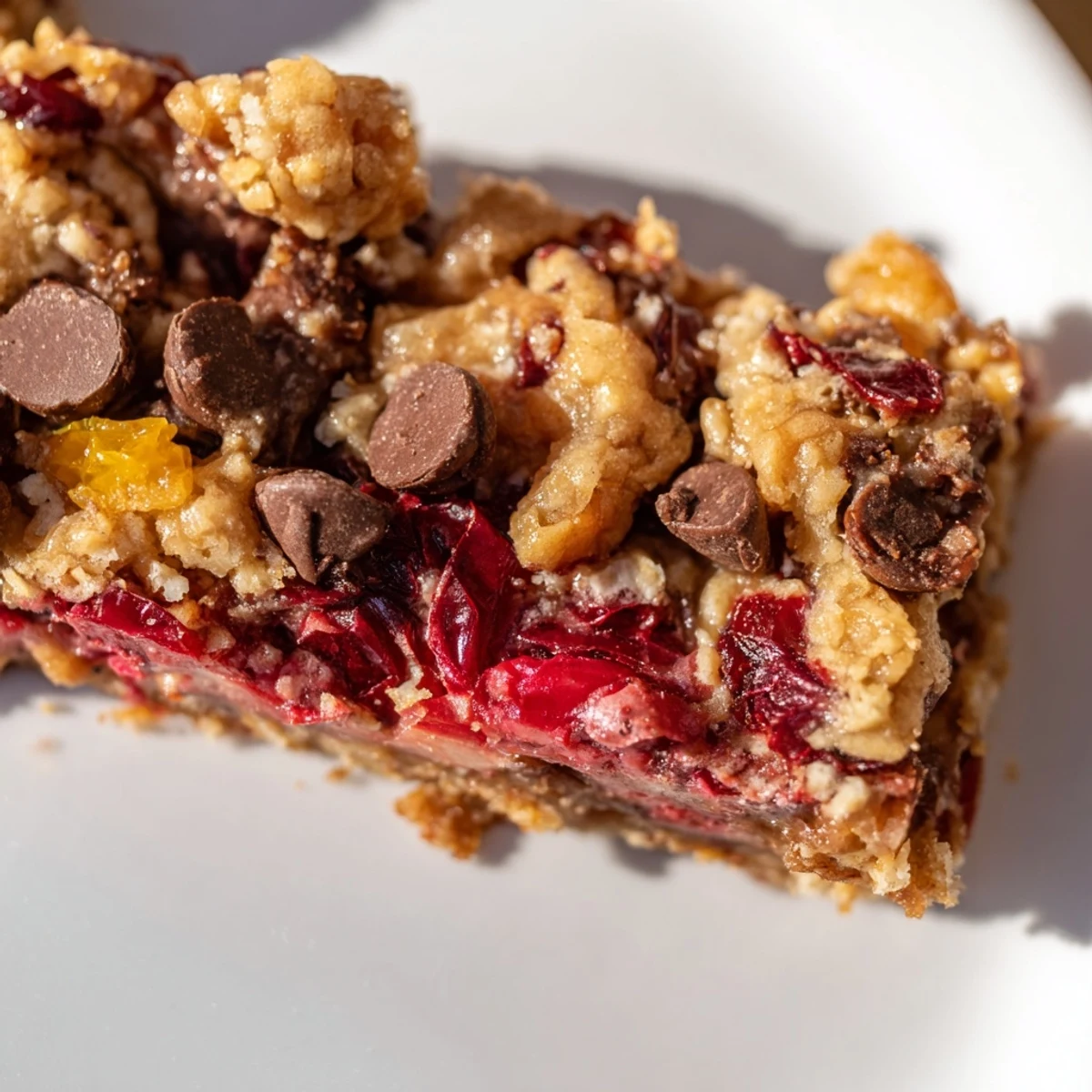 Close-up view of Winter Market Cranberry Swirl Chocolate Chip Bars highlighting the crumbly texture and rich red cranberry swirls in the batter.