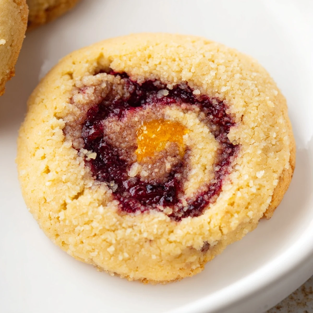 A close-up of one Keto cookie showing the vibrant red cranberry swirl and soft texture.
