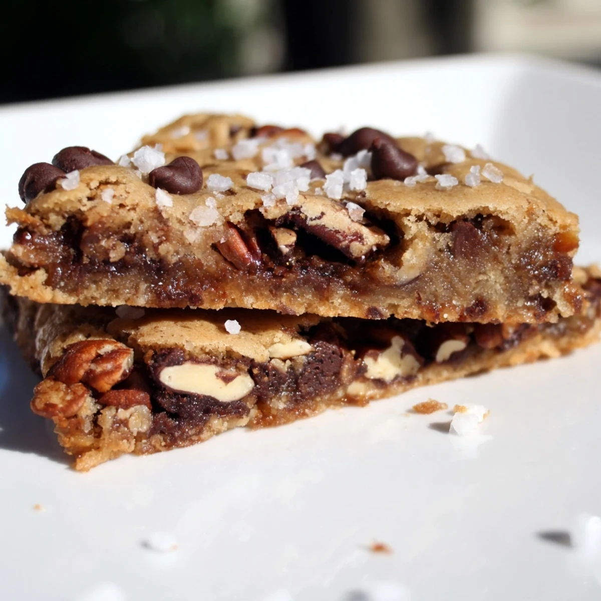 Golden brown Fireplace Treat Cinnamon Drift Chocolate Chip bars are dusted with sea salt on a marble countertop.