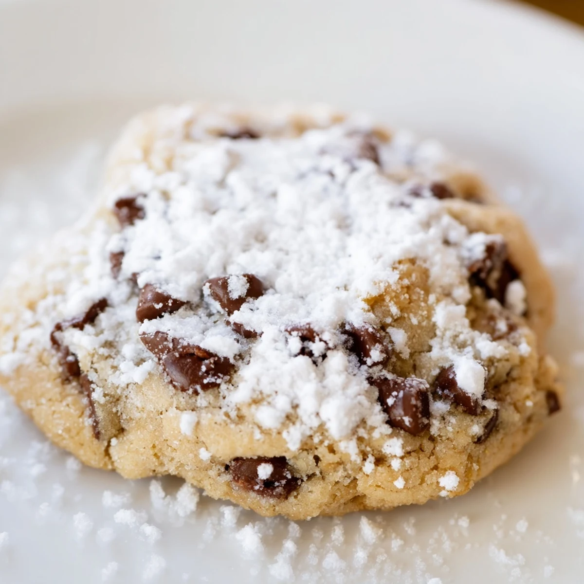Freshly baked Winter Market Brown Sugar Snow Chocolate Chip Cookies rest on a cooling rack, dusted with snowy powdered sugar.